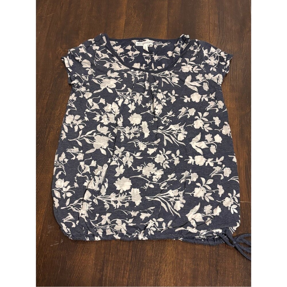 Aeropostale Navy Blue Floral Bubble Hem Short Sleeve Top L